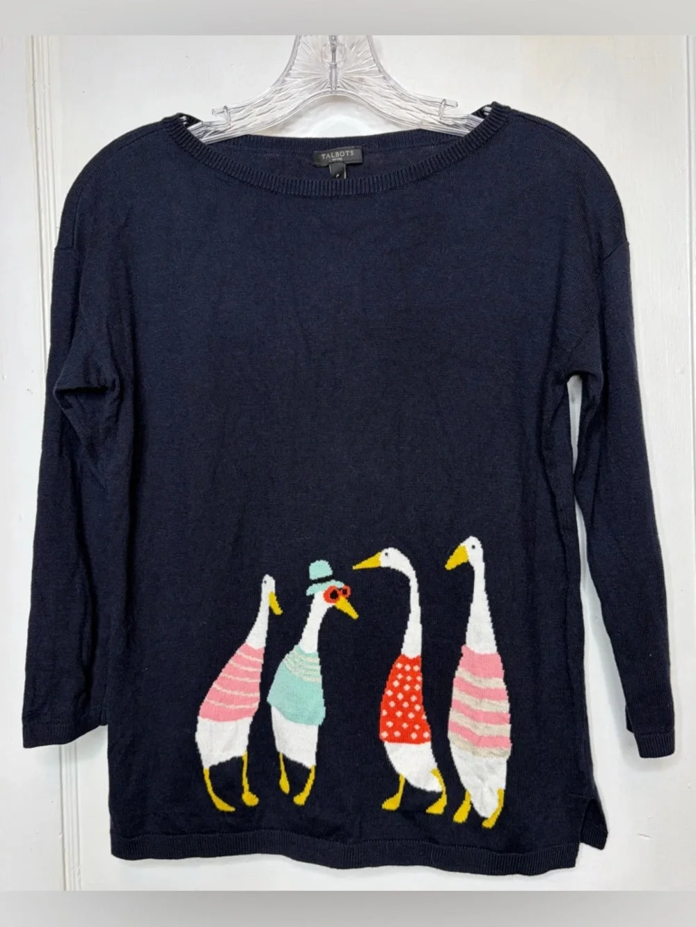 Talbots Goose Geese Sweater Navy Novelty Cottage Quirky Whimsical Petite XS NWT